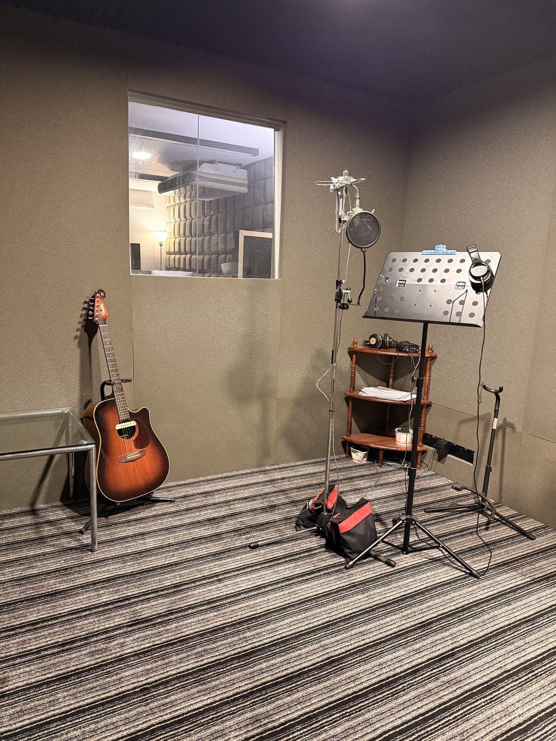 My Vox vocal booth with microphone and acoustic treatment