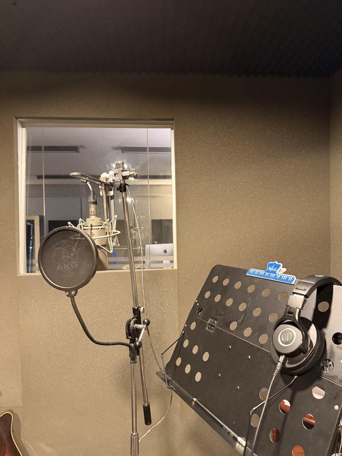Microphone setup viewed from the control room window